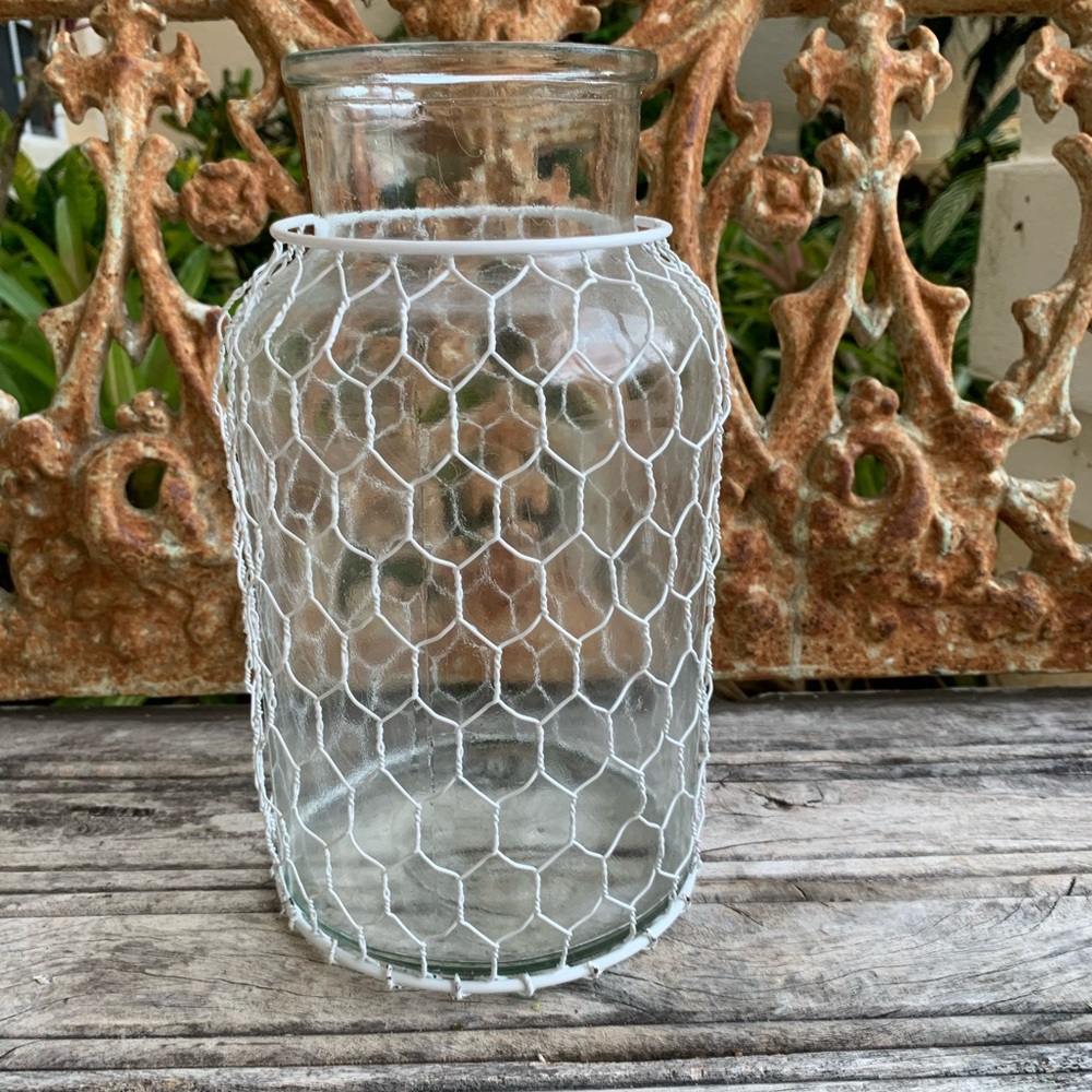 Rustic Glass Vase with White Chicken Wire